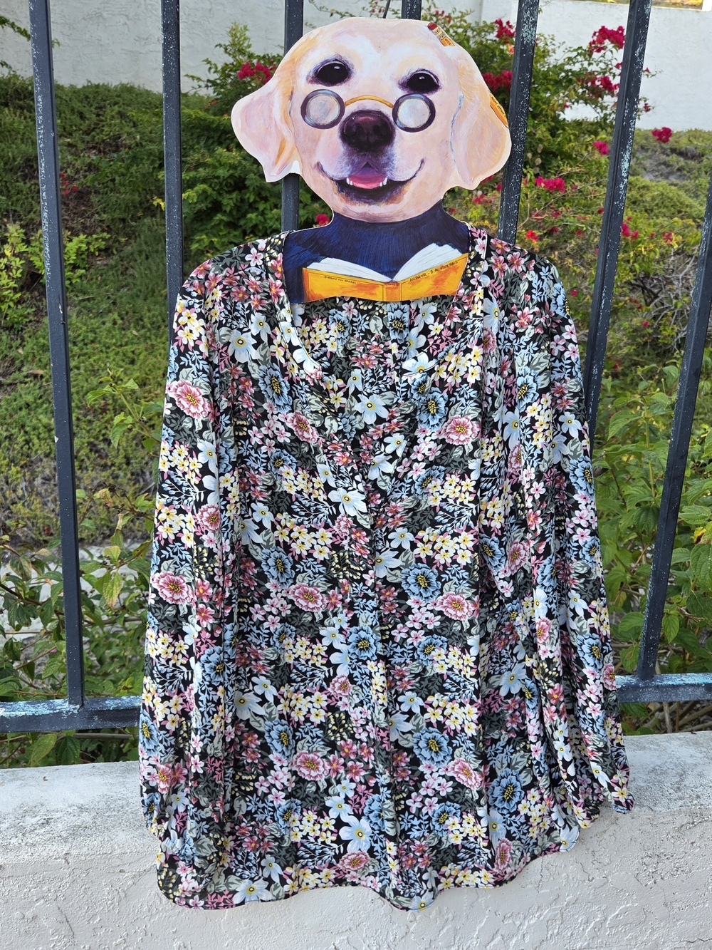 Tahari Black Floral Button-Up Blouse with Pink, Blue and Yellow Blooms